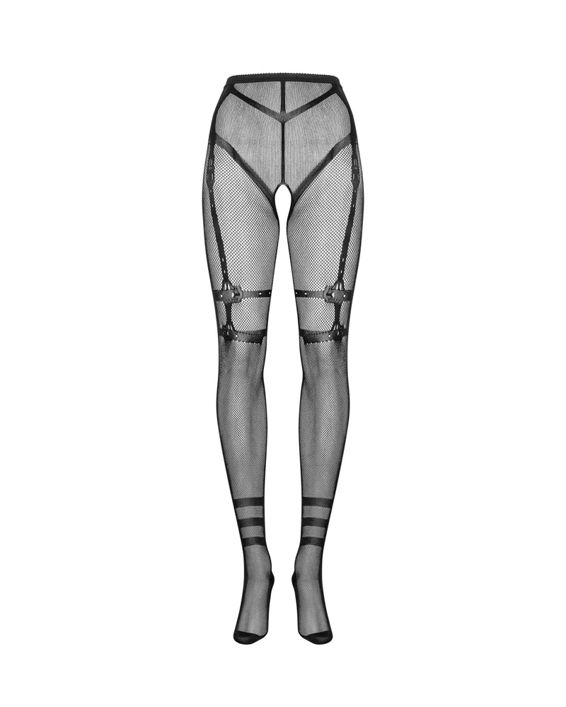 Obsessive Schwarze Netz-Strumpfhose ouvert in verschiedenen Netzstrukturen. Mit eingewebter String- & Straps-Optik und Webringeln am unteren Bein.