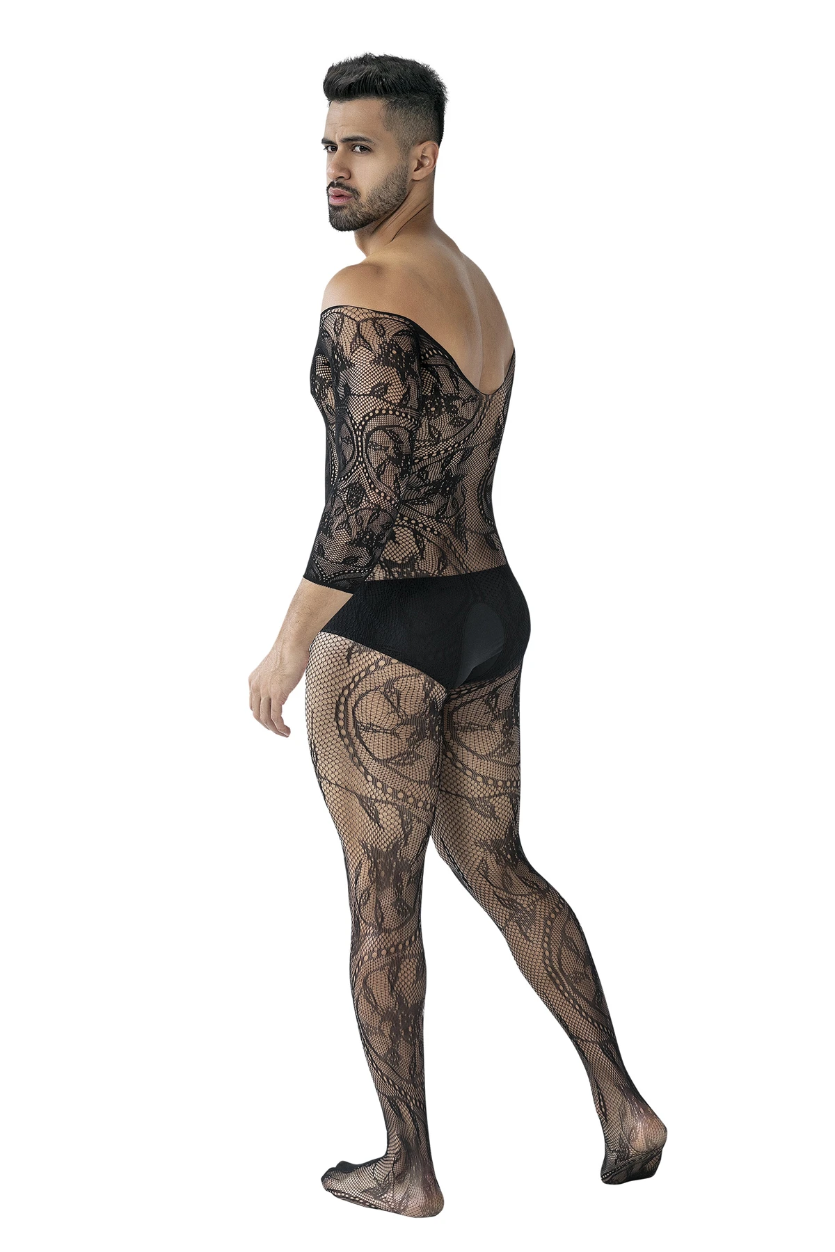 Herren Bodystocking ouvert RAV119 aus weichem, dehnbarem Netzmaterial mit offenem Schritt – maskuliner, heißer Look von CUT4MEN, perfekt für verführerische Momente