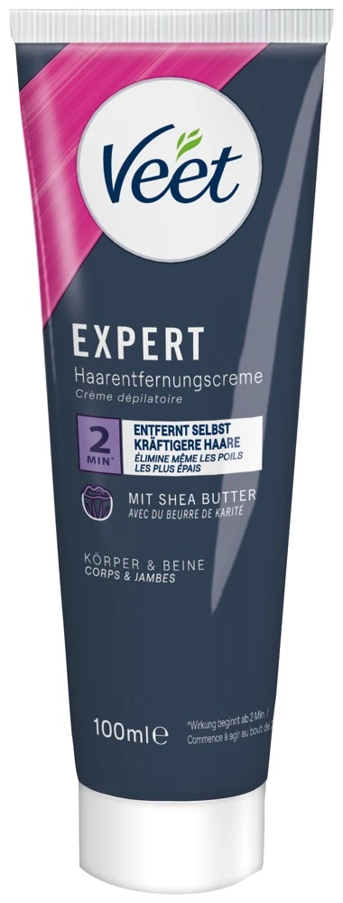 Veet EXPERT Enthaarungscreme für Beine und Arme entfernt selbst kräftige Haare ab 2 Minuten, mit Shea Butter für bis zu 48 h glatte und gepflegte Haut 100ml