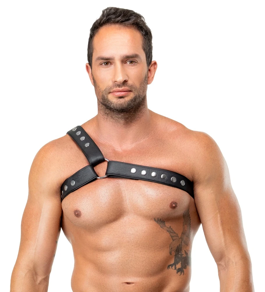 Leder Herren Harness ZADO Leder Brustharness einseitig schwarz mit Ringen Druckknöpfen markantem Look weich doppellagig verstellbar für starken Style