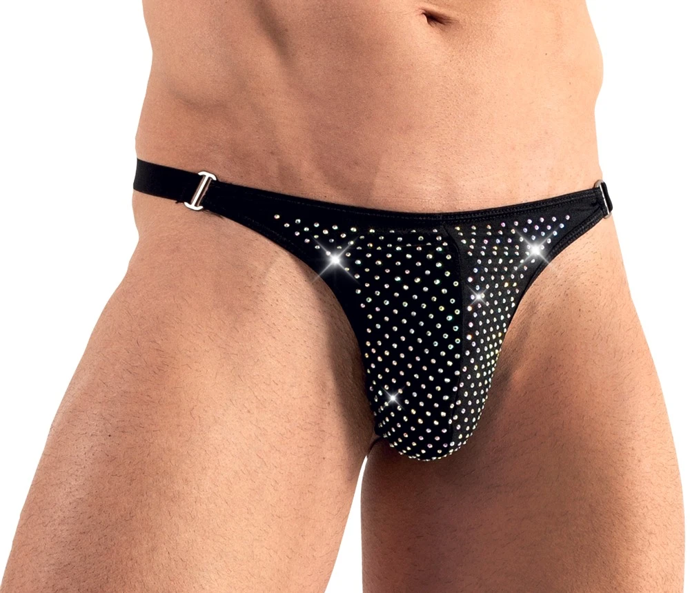 Extravaganter schwarzer String von Svenjoyment mit bunt schillernder Front aus unzähligen Glitzer-Steinen.