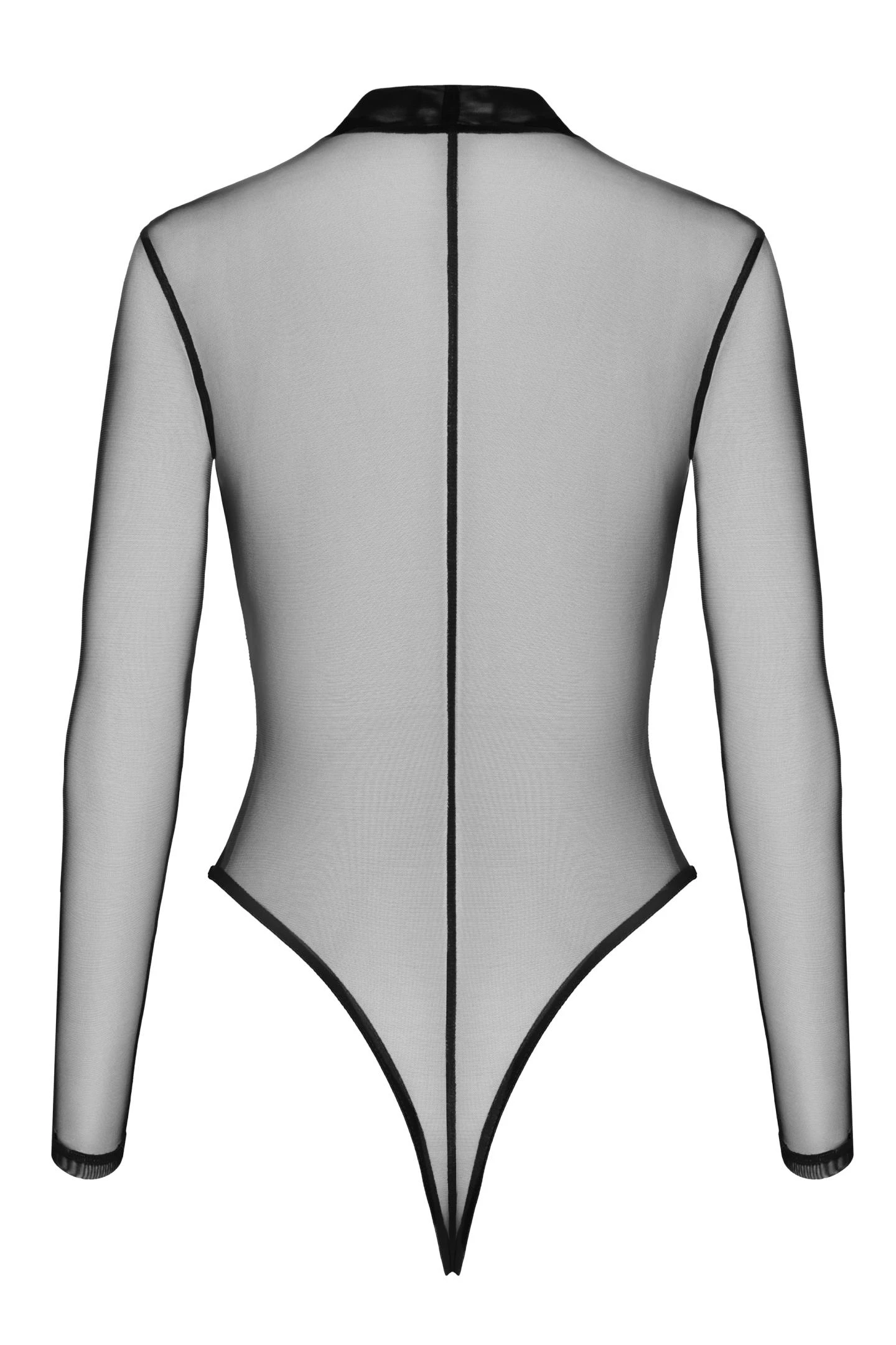 F388 Troublemaker Body – Kinky transparenter Tüll-Body mit Flock-Print, langen Ärmeln & Druckknöpfen im Schritt von Noir Handmade