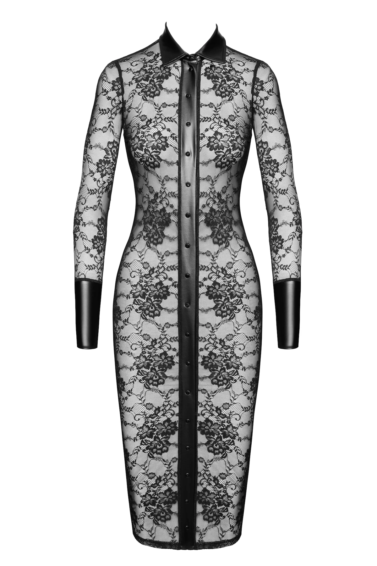 Midikleid Noirelle aus Spitze Noir Handmade F376  mit Hemdkragen, breiten Powerwetlook-Manschetten und funkelnden Strass-Druckknöpfen für einen markanten, stilvollen Look