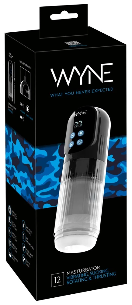 WYNE Masturbator 12, Masturbator mit 4 Funktionen, 3 Power-Motoren, Vibration, Saugen, Rotation & Stroking – sexy, wasserdicht & vielseitig – WYNE