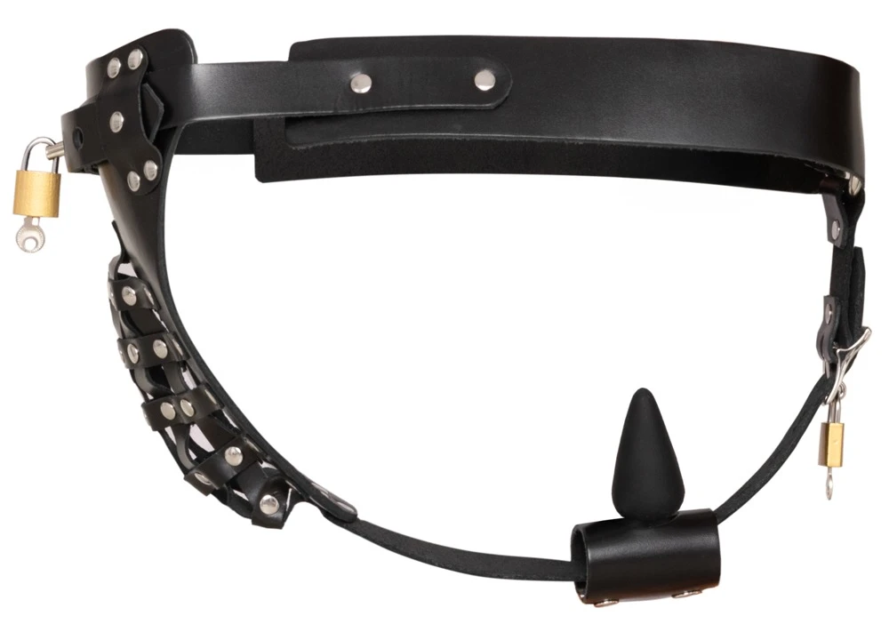 Leder Herren Jockstrap, ZADO Keuschheits-String aus Leder mit Schlössern, Nieten-Design, Plug-Halterung und silberfarbenen Beschlägen
