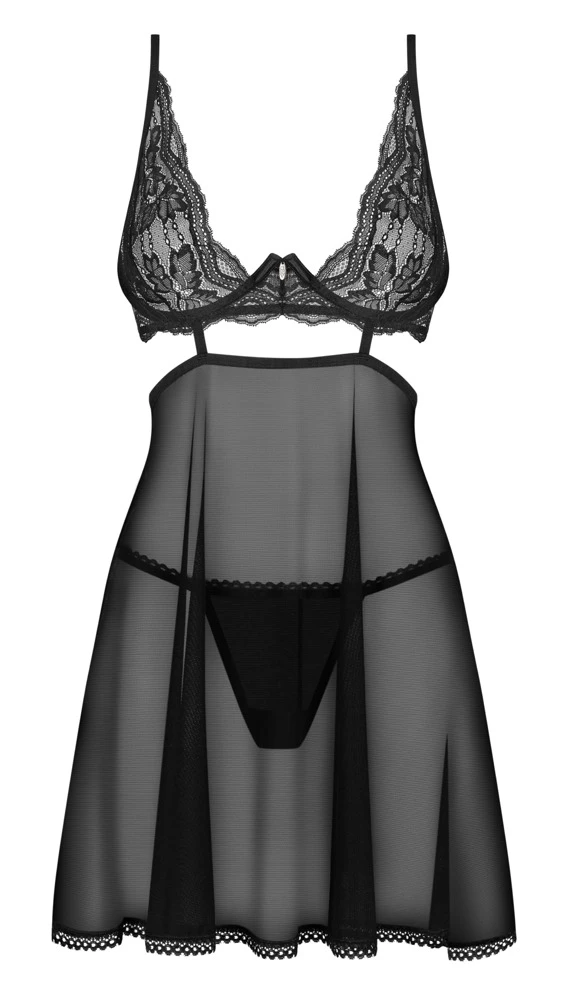 Elegantes schwarzes Dessous-Set Nutris von Obsessive: Transparentes Babydoll mit Spitze und passendem String für perfekten Sit