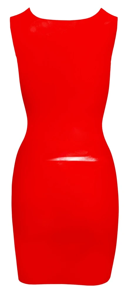 Schlicht-schönes Kleid aus leuchtend rotem Naturlatex ohne Arm und mit großzügig rundem Ausschnitt.