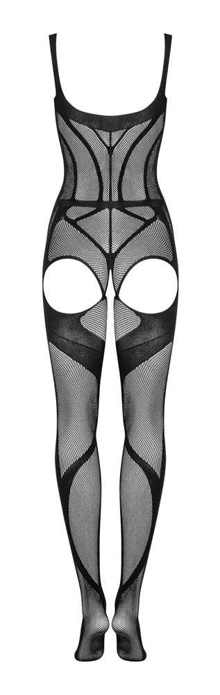 Obsessive schwarzes, hochelastisches Catsuit ouvert aus weichem seidigem Netz setzt weibliche Kurven perfekt in Szene. Verführerische Cut-outs im Schritt und über dem Po.