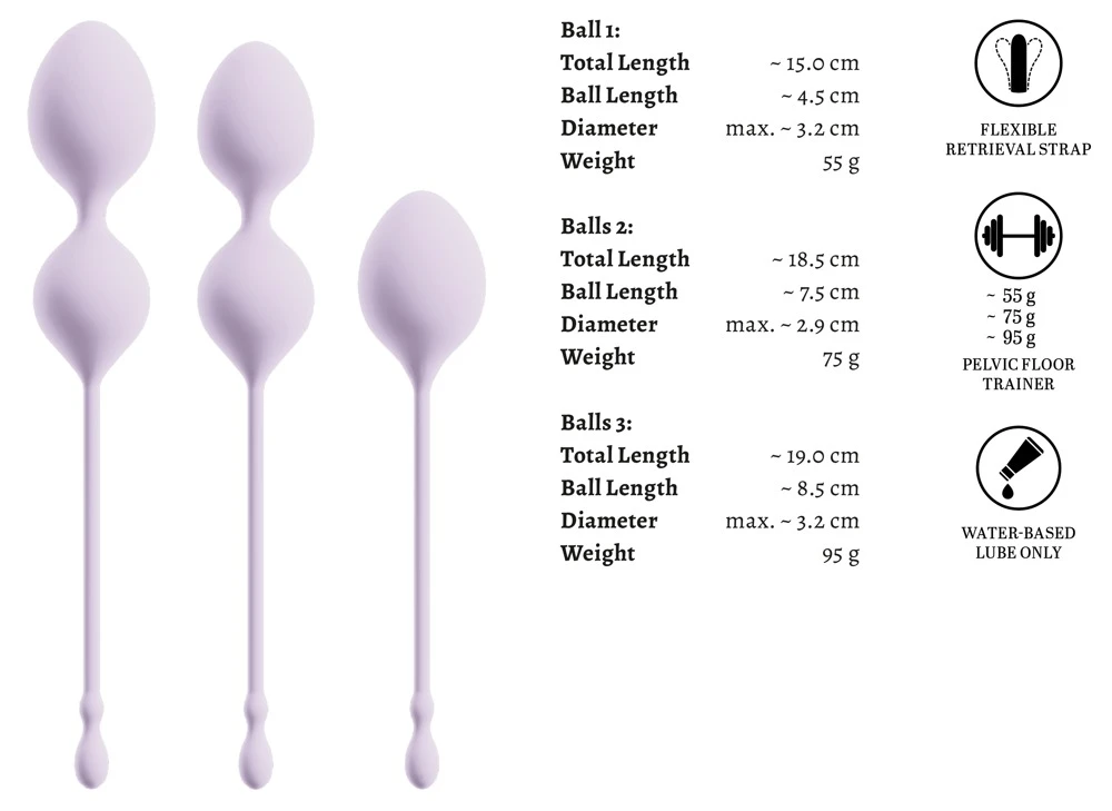 ELORIN Loveball Trainingsset von beau cœur mit drei Liebeskugeln in unterschiedlichen Größen und Gewichten für individuelles, diskretes Beckenboden-Training mit elastischen Rückholbändern für Einsteigerinnen und Geübte