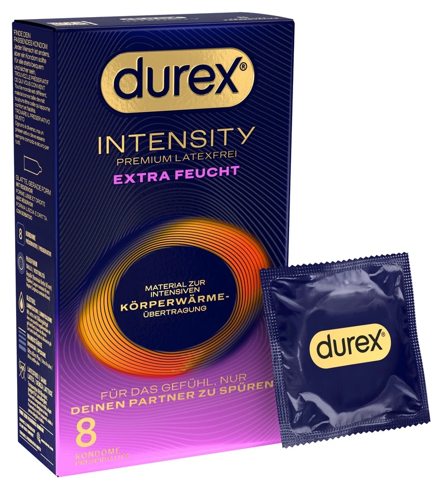 Durex Intensity Extra Feucht 8, Transparente Ultra Dünn Plus Kondome latexfrei aus Nitril extra feucht mit intensiver Körperwärmeübertragung Premiumgefühl Durex