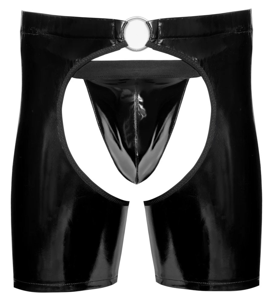 Lack Herren Chaps, Lack-Chaps und String Set von Black Level im schwarzen Glanzlook mit engem Bein, elastischem Bund und dekorativem Ring, komplett offen im Schritt und po-frei