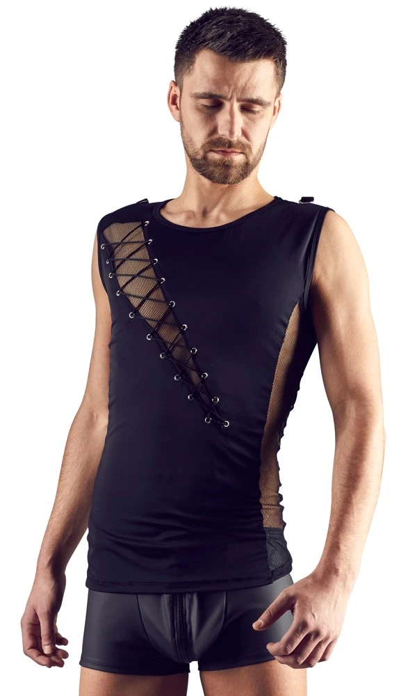 Herren Shirt Materialkombination aus blickdicht und transparent mit effektvoller Schnürung.