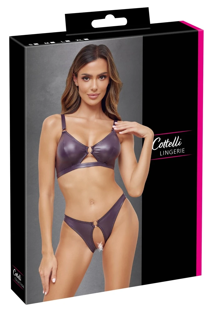 Cottelli LINGERIE Dessous-Set BH und Slip lila aufregender Wetlook Ouvert geschnitten