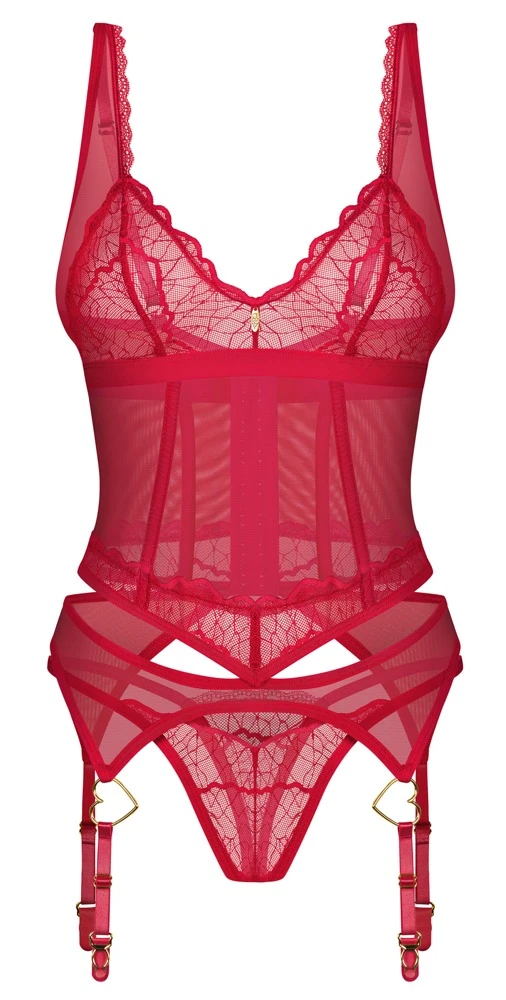 Verführerisches Strapshemd und String Set Cupide Desir von Obsessive in Rot mit Spitzen, goldenen Schmuckdetails und verstellbaren Trägern Verführerisches Strapshemd und String Set Cupide Desir von Obsessive in Rot mit Spitzen, goldenen Schmuckdetails und verstellbaren Trägern