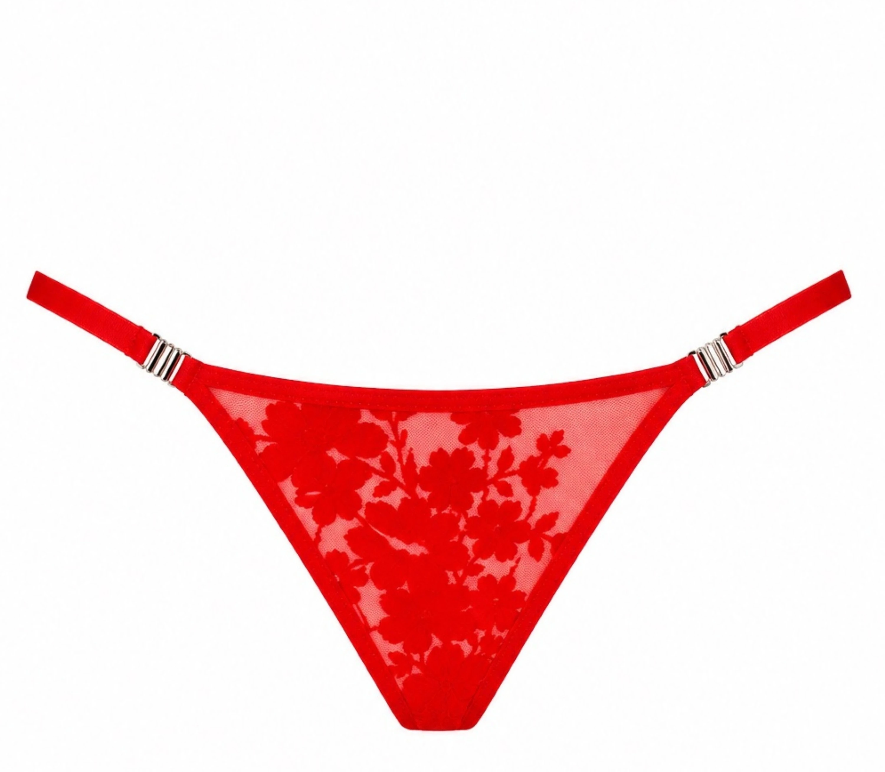 String aus transparentem Tüll - Noir Handmade F420 Plaything - sexy in Rot mit floralem Flockmuster und seitlichen Metallverschlüssen