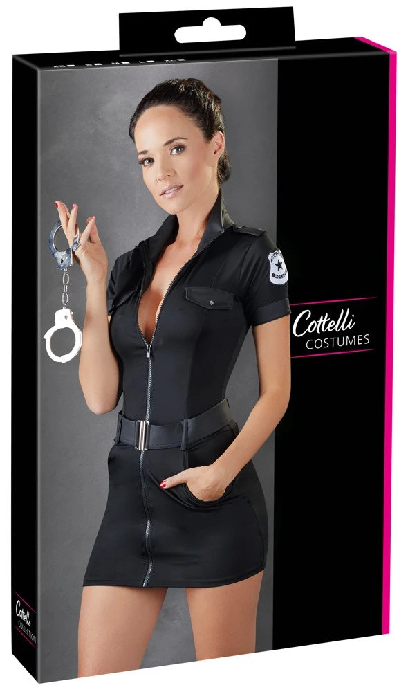 Cottelli Polizistinnen-Kleid mit durchgehendem Reißverschluss und elastischem Gürtel in Schwarz