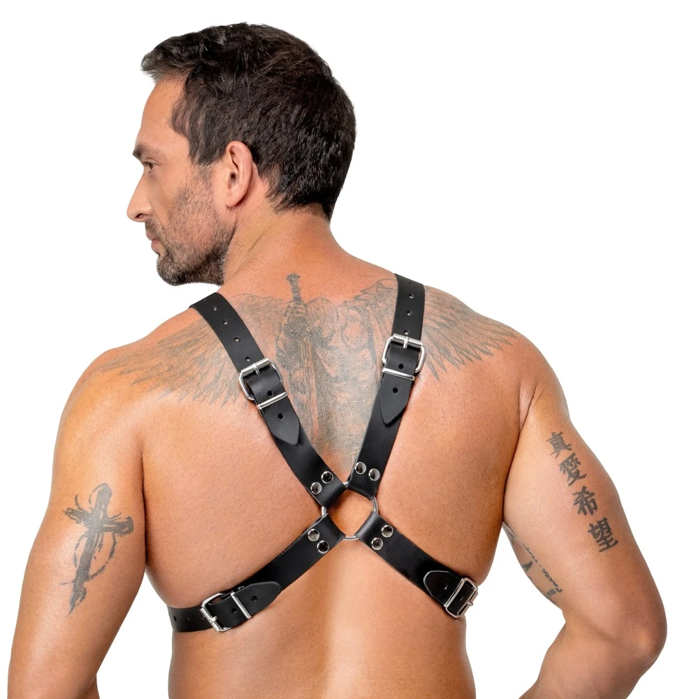 Le Herren Harness, ZADO X-Brustharness Leder schwarz mit Nieten Schnallen verstellbar robust markant starkes Design mit perfektem Sitz