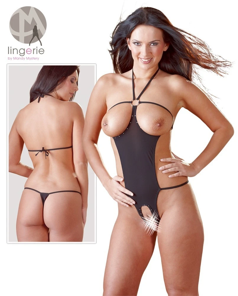 Sexy Einteiler mit Neckholder zum Binden und Strassverzierung an den offenen Cups und dem offenem Schritt.