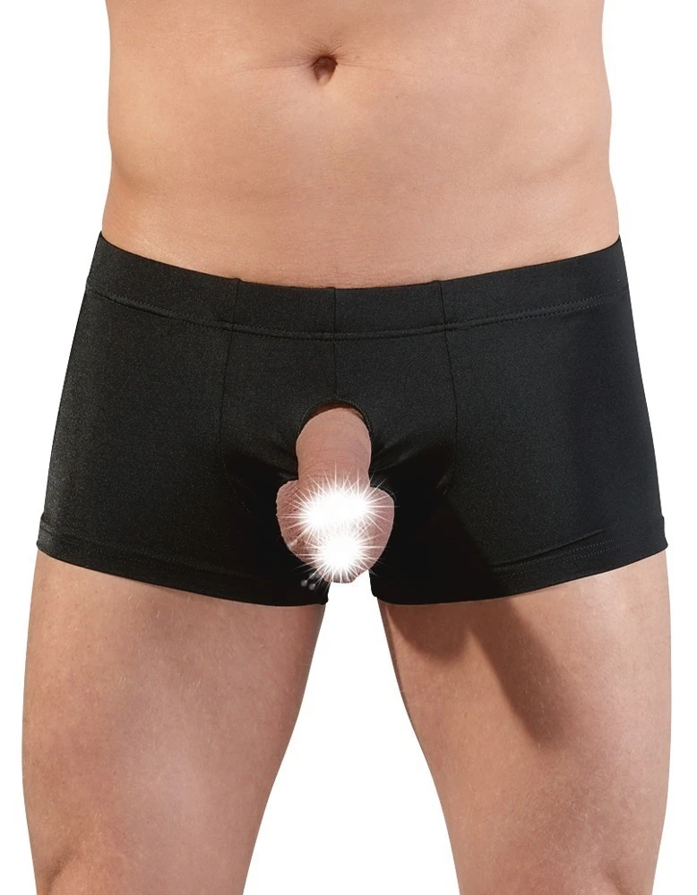 Figurbetonter Showmaster mit Öffnungen für Penis und Hoden in schwarz.