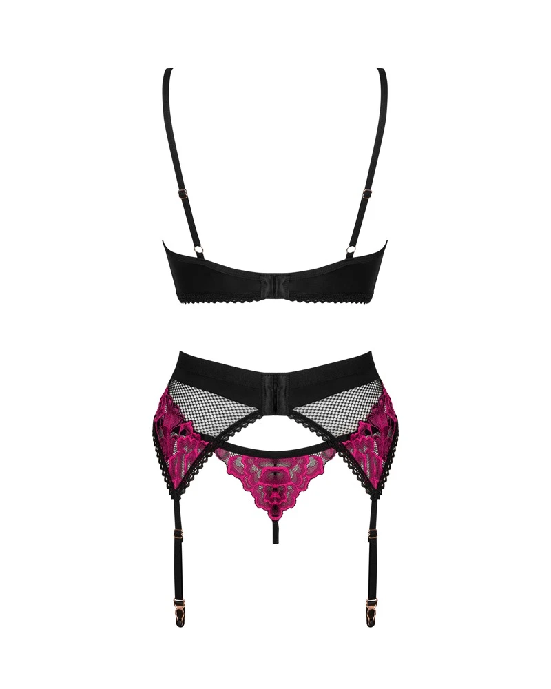 Obsessive 3-teiliges elegantes Straps-Set Rosenty mit Bügel-BH, Strapsgurt und String. Rosenspitze und Netz im stylischen Mix.