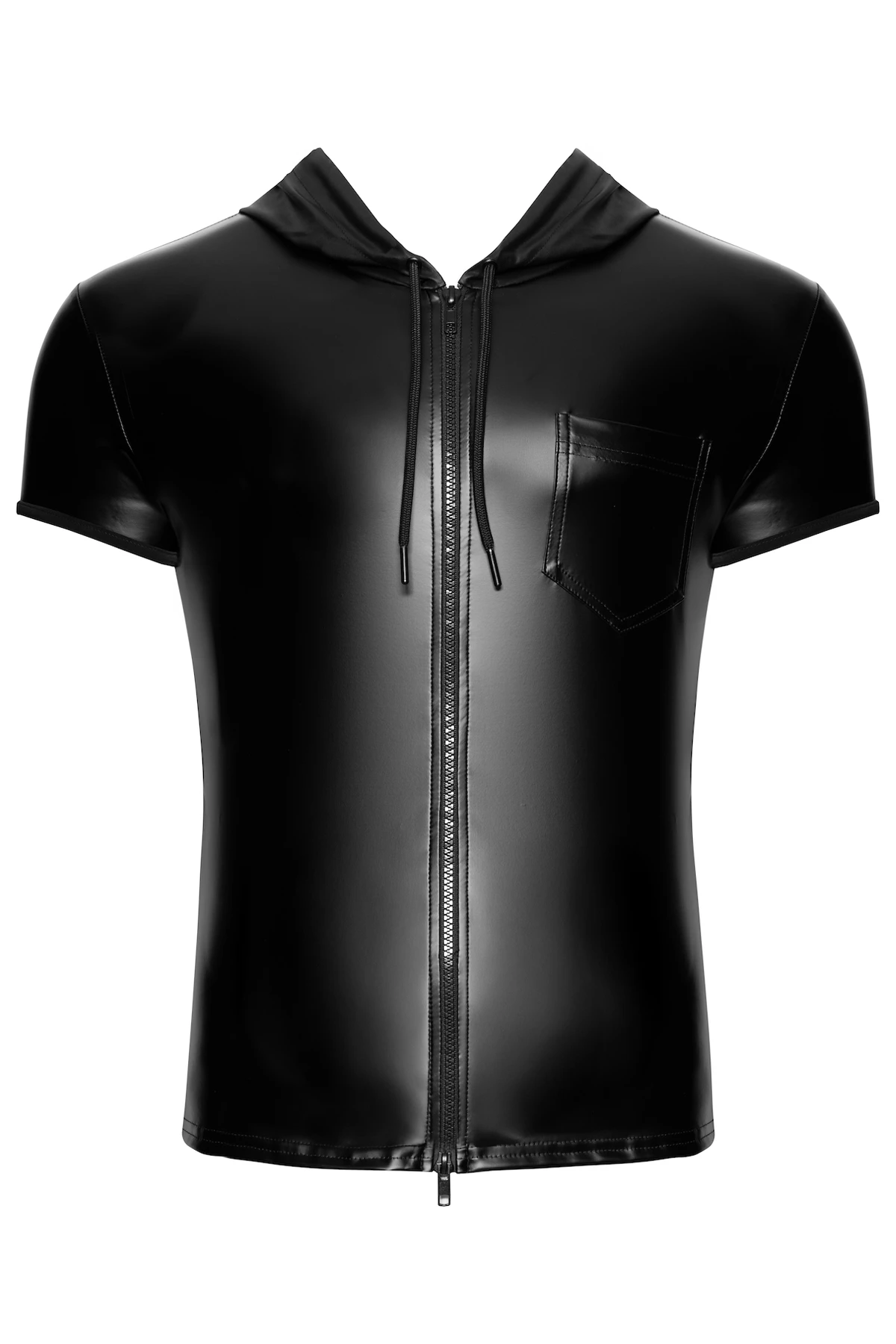 Noir Handmade Men Kapuzen-Hemd H085 im körpernahen Powerwetlook – maskulines Design mit Kapuze, Brusttasche und Frontzip für einen verführerisch markanten Auftritt