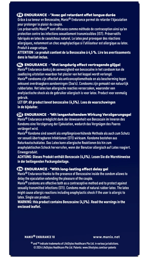 Manix Endurance Condom 10er, MANIX Endurance Kondome 53 mm – aktverlängernd feucht mit Verzögerungsgel