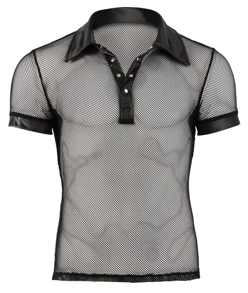 Maskulines Hemd mit Polokragen und kurzer Druckknopfleiste in der Front. Materialmix aus Netz und Wetlook.