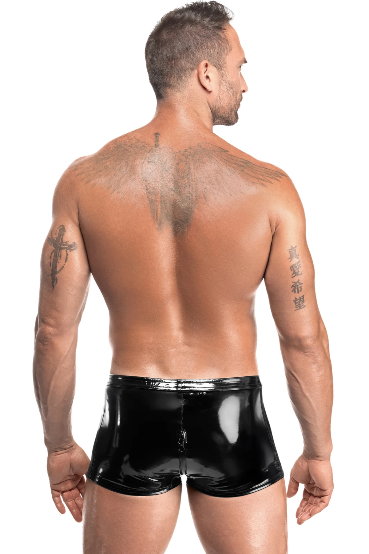 Schwarze Kinky Lack Shorts Voltage H095 ultrakurze Herren Shorts aus glänzendem PVC mit elastischem Bund und praktischem Drei-Wege-Reißverschluss für figurbetonten Look und starken Auftritt im Wetlook-Stil von Noir Handmade Men