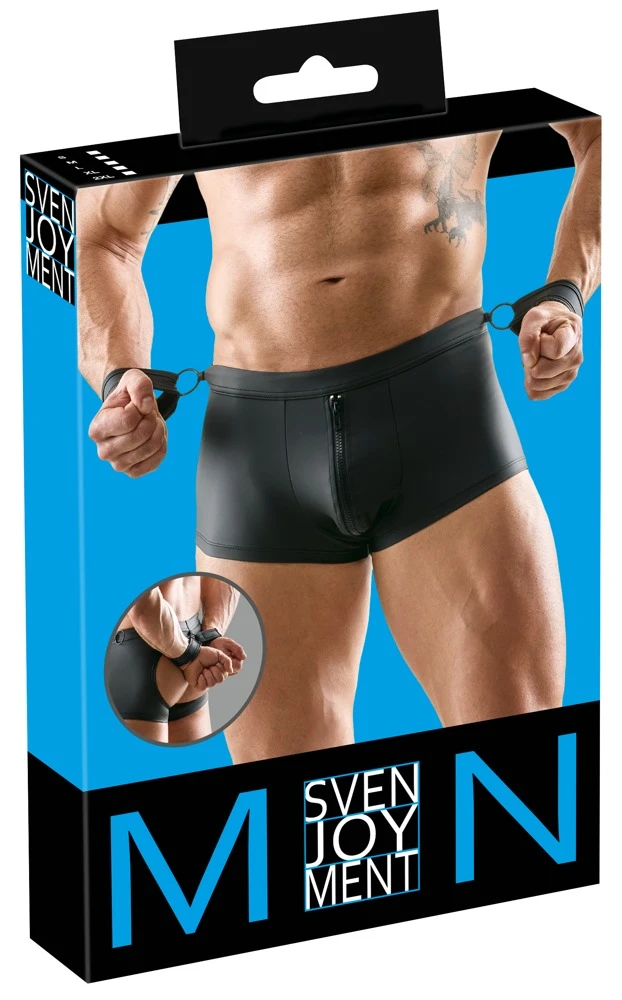 Herren Jock, Svenjoyment Mattlook Pants po-frei mit Reißverschluss, Fesselringen und Handmanschetten für aufregende Momente