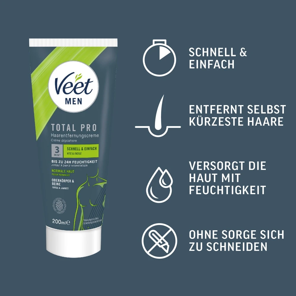 Veet Men TOTAL PRO Haarentfernungscreme für Oberkörper und Beine mit schneller Haarentfernung in 3–6 Minuten, glatter Haut, 24h Feuchtigkeit und ohne störenden Geruch 200 ml