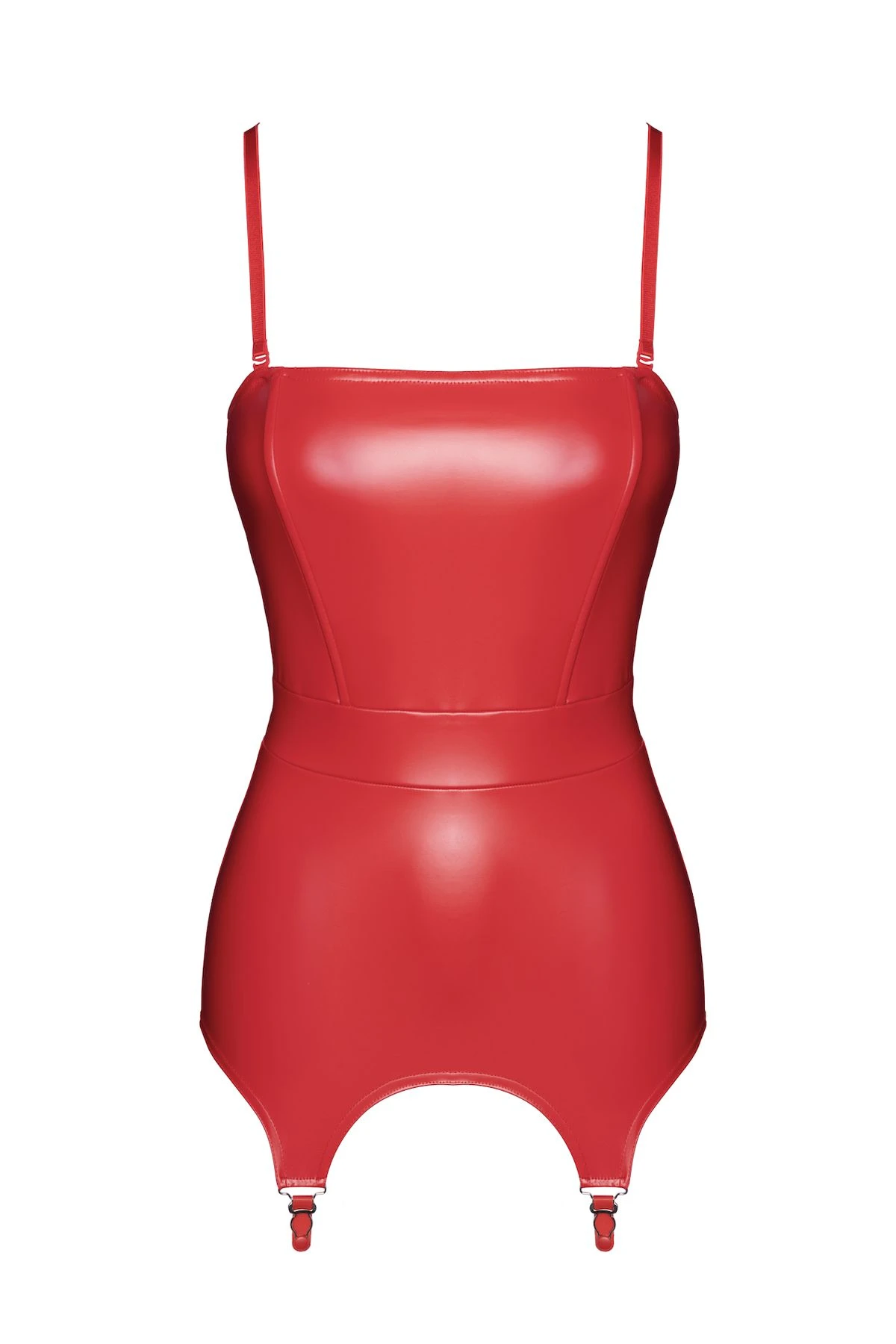 F368 Bombshell Fierce Kinky Corsagen-Kleid Rot – hautenges Powerwetlook-Design mit figurformender Korsett-Silhouette, edlen Metall-Strapsclips und sexy Reißverschluss hinten für einen atemberaubenden Look voller Feuer und Leidenschaft