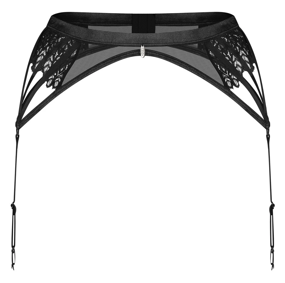 Obsessive Schwarz-transparenter Strapsgürtel mit aufwendigen Stickerei-Einsätzen seitlich. Weich und elastisch für hohen Tragkomfort.