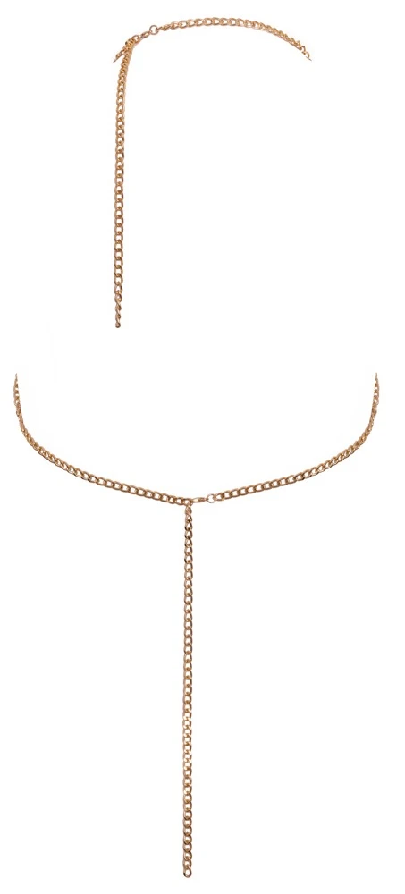 Cottelli goldfarbene Körperkette mit üppigem Kettenbesatz über Brust und Bauch, glamouröser Körperschmuck mit Karabinerverschlüssen