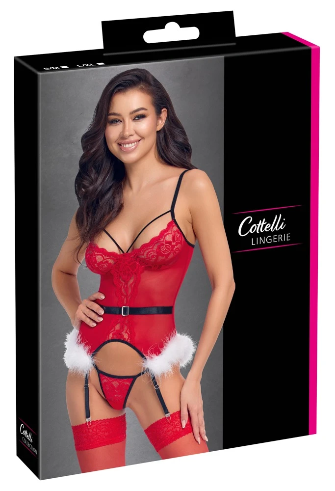 Strapshemd & String im Set X-Mas von Cottelli LINGERIE in rotem Powernet mit Spitze, schwarzen Details und weißem Federbesatz für einen festlichen Look