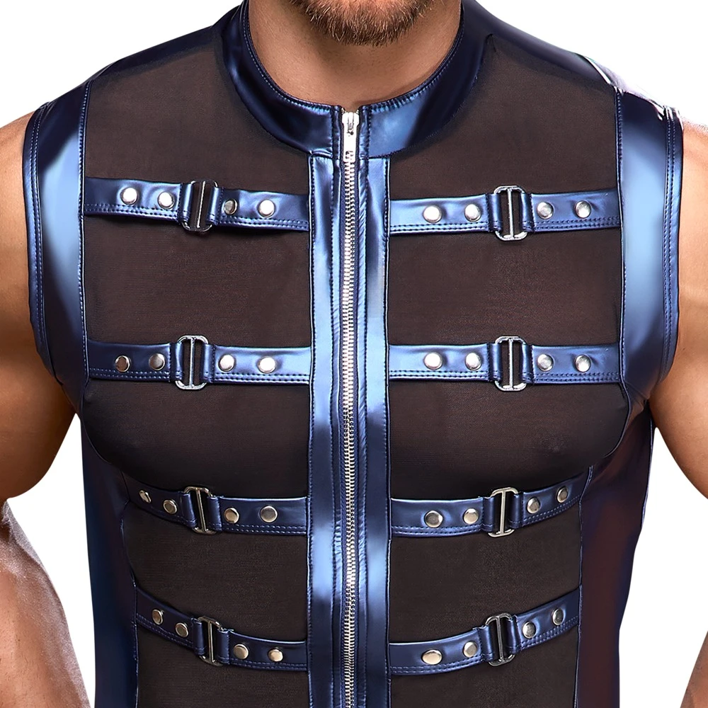 Ärmelloses Shirt von NEK mit Metallic-Mattlook in Blau, Powernet-Einsätzen, Stehkragen und Reißverschluss für markanten Style Ärmelloses Shirt von NEK mit Metallic-Mattlook in Blau, Powernet-Einsätzen, Stehkragen und Reißverschluss für markanten Style