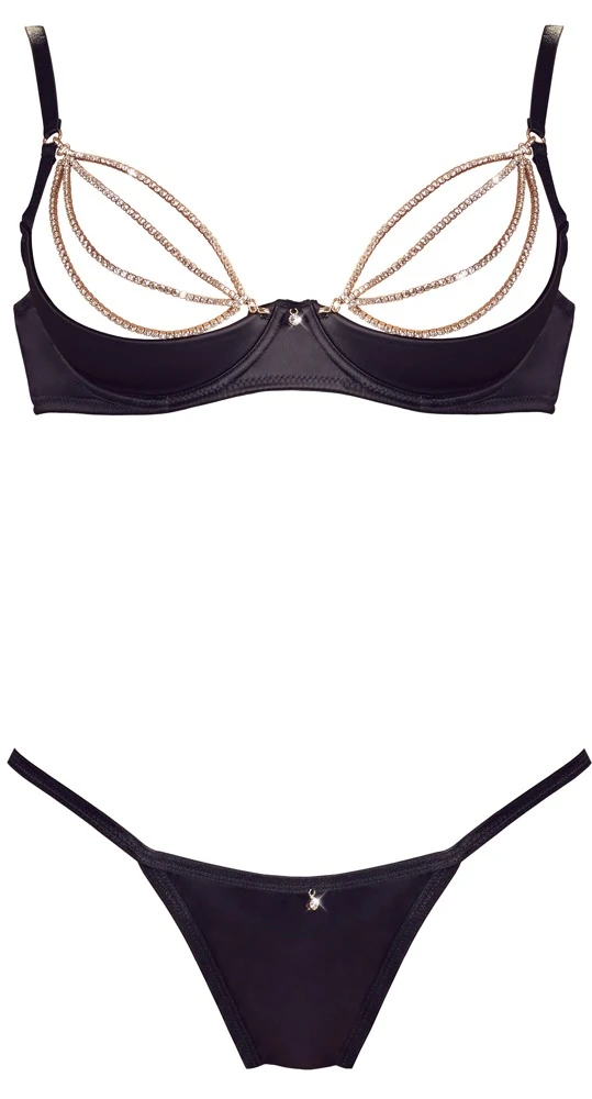 Cottelli LINGERIE Edles Hebe BH und String Set mit Strassketten schwarze Satin