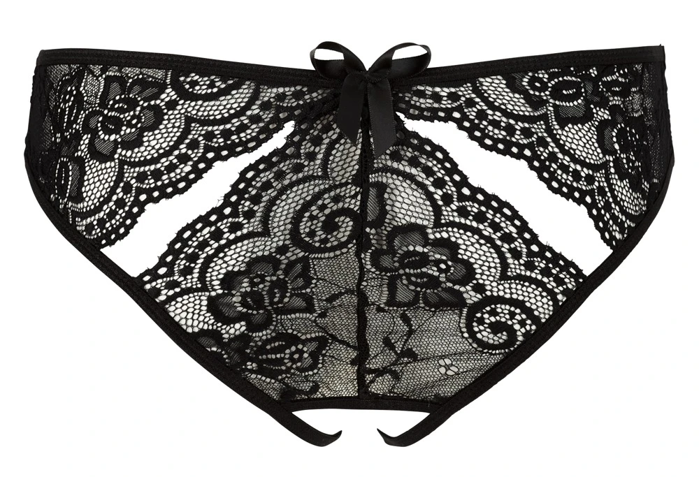 Ouvert-Slip Cottelli LINGERIE aus schwarzer Blütenspitze mit raffinierten Cut-outs, Satin-Schleifchen und erotisch offenem Schritt