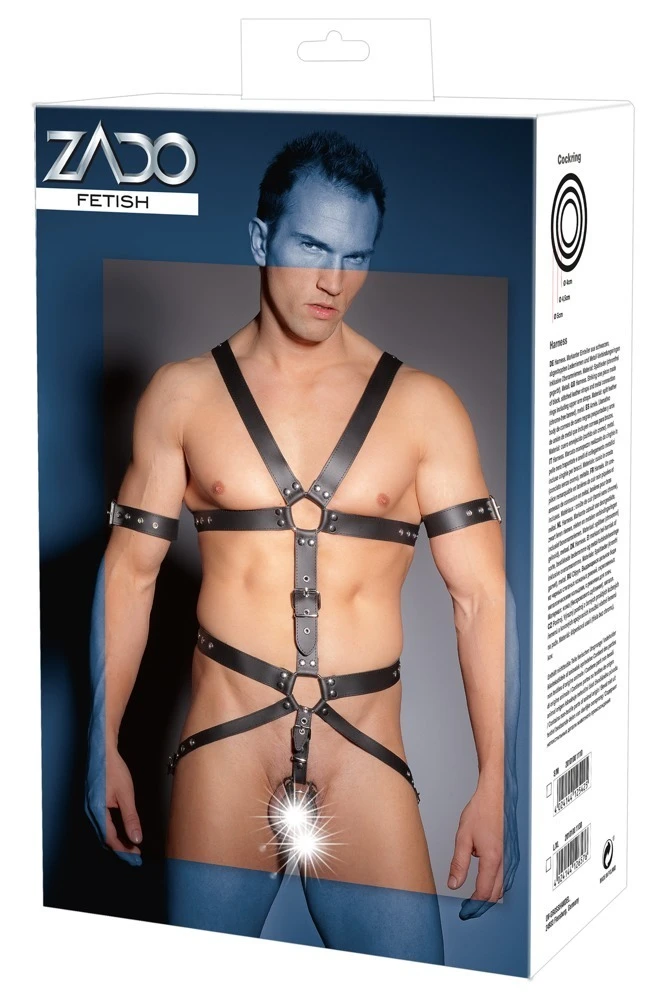 Robuster Einteiler von ZADO mit verstellbaren Leder-Riemen und 3 Metall-Ringen für Penis und Hoden.