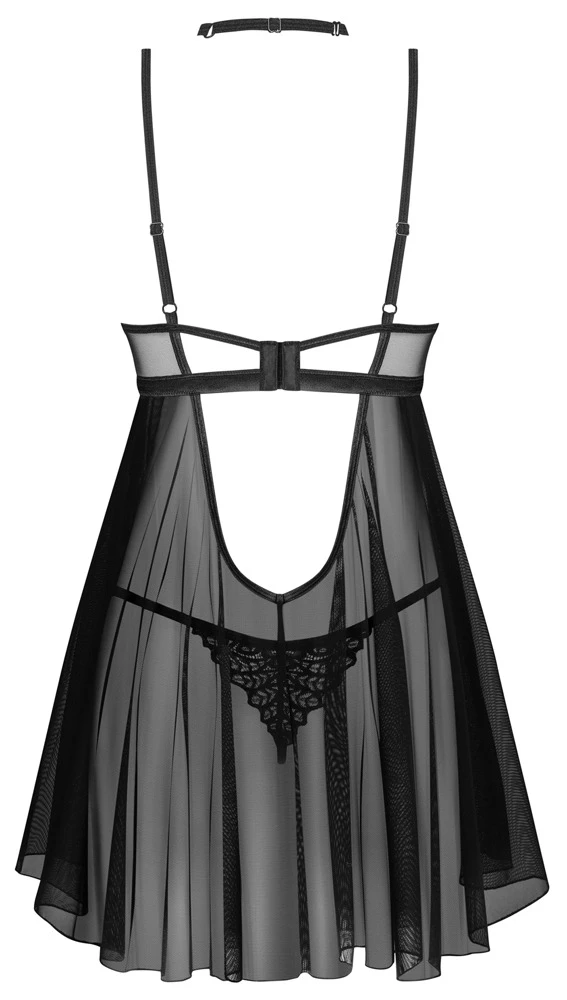 Obsessive Schwarzes 3-teiliges Set mit Babydoll, String und Halsband. Aus feinem Stretchtüll mit aufwendigen Stickerei-Einsätzen. Rundum weich und elastisch.