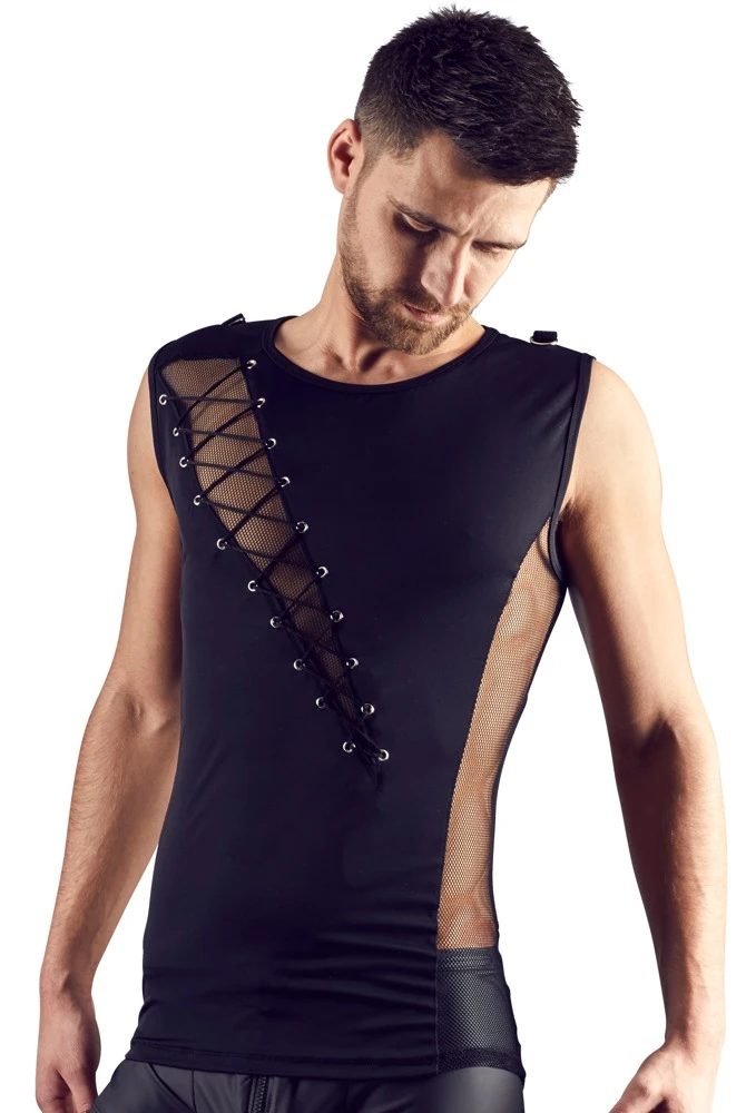 Herren Shirt Materialkombination aus blickdicht und transparent mit effektvoller Schnürung.