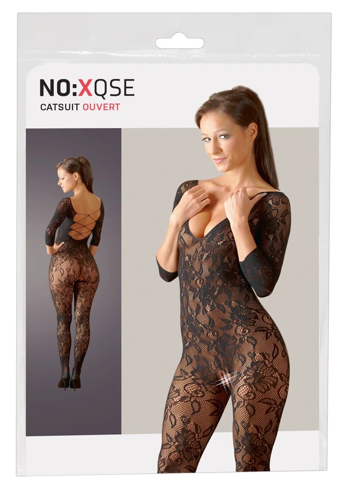 Wunderschöner Catsuit in schwarzer Blütenspitze-Optik mit 3/4-Arm, langem Bein und Fuß. Hinten mit eingewebter Schnürung.
