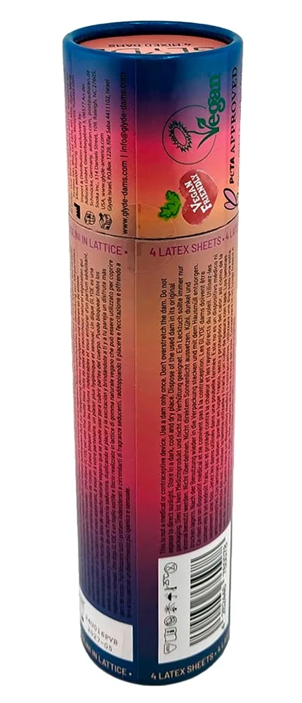 GLYDE Dams Lecktücher Mix 4er, vegane Latex Lecktücher mit 4 Aromen und Farben, hauchdünn seidenweich, hygienische Schutzbarriere beim Oralverkehr im Format 25 x 15 cm