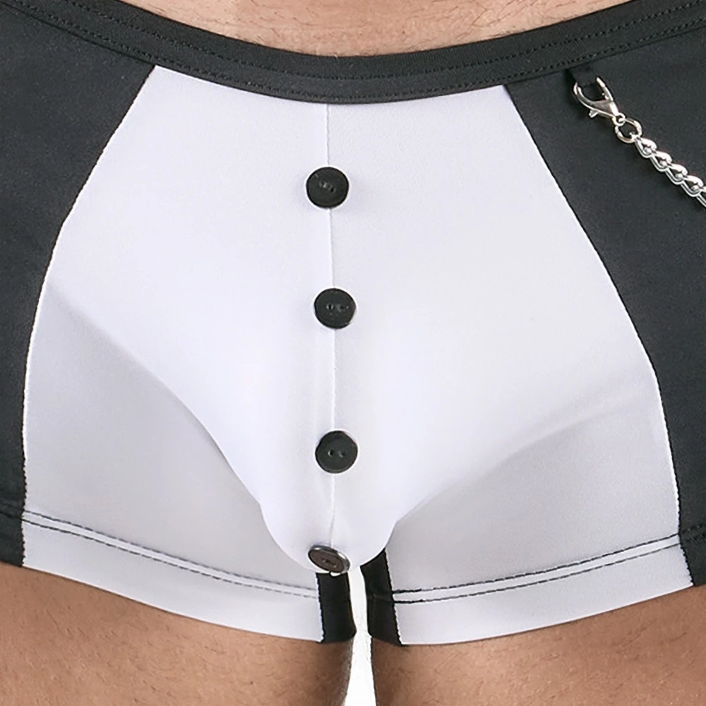Svenjoyment Pants im sexy Service-Look: Schwarz-weiß mit Zierknöpfen, Tasche und abnehmbarer Karabinerkette Svenjoyment Pants im sexy Service-Look: Schwarz-weiß mit Zierknöpfen, Tasche und abnehmbarer Karabinerkette