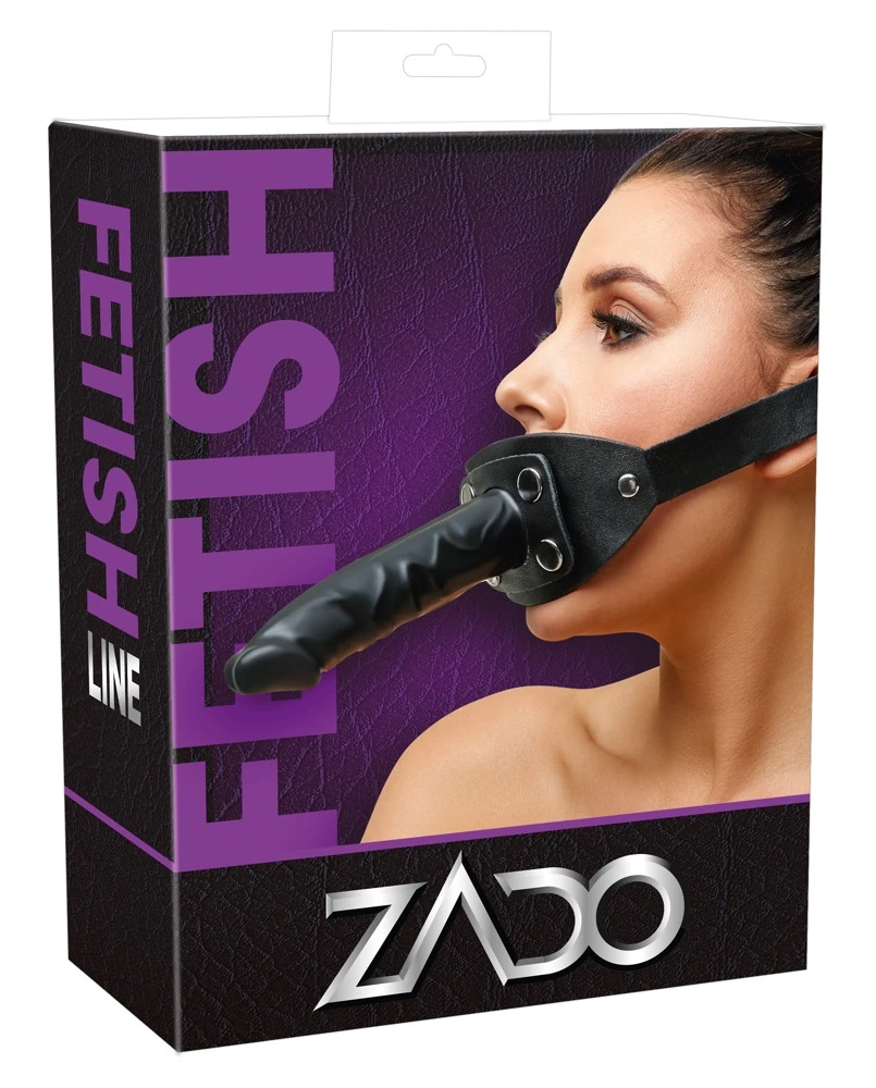 Knebel von ZADO mit verstellbarem schwarzem Kopfgurt aus Leder und abnehmbarem Außen-Dildo.