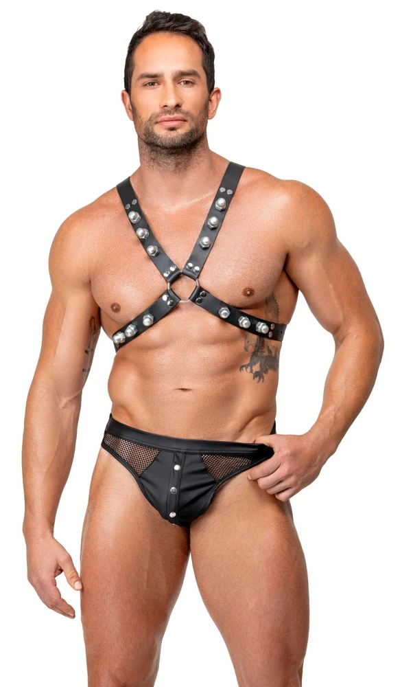 Le Herren Harness, ZADO X-Brustharness Leder schwarz mit Nieten Schnallen verstellbar robust markant starkes Design mit perfektem Sitz