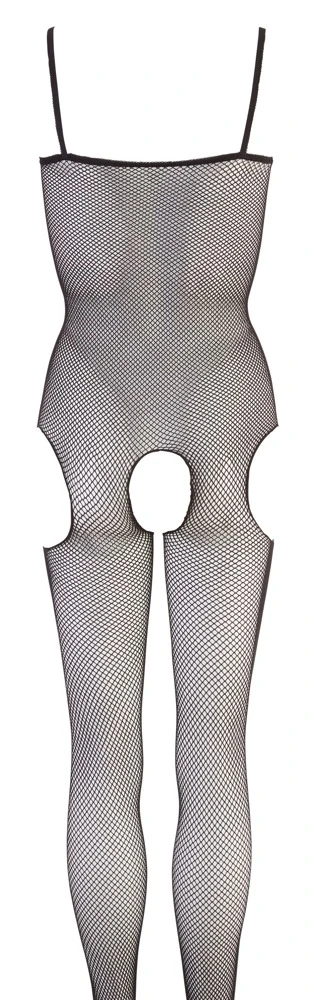 Netz-Catsuit aus schwarzem Stretch-Netz. Im Schritt und seitlich provozierend offen.