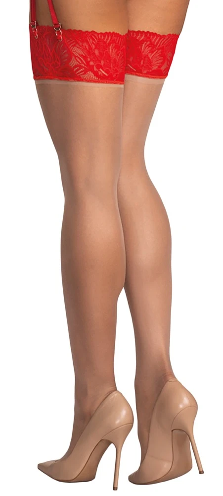 Nudefarbene Straps-Strümpfe Matildea mit rotem Spitzenabschluss für einen sinnlich raffinierten Look von Obsessive