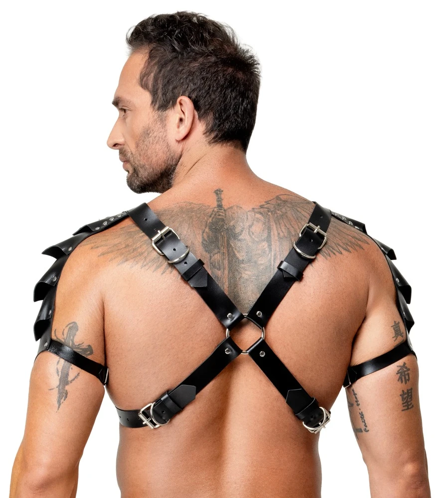 Leder Herren Harness, ZADO Leder Harness-Set mit Handfesseln & Haltegriff, Brust- und Schenkel-Harness, verstellbar, schwarz