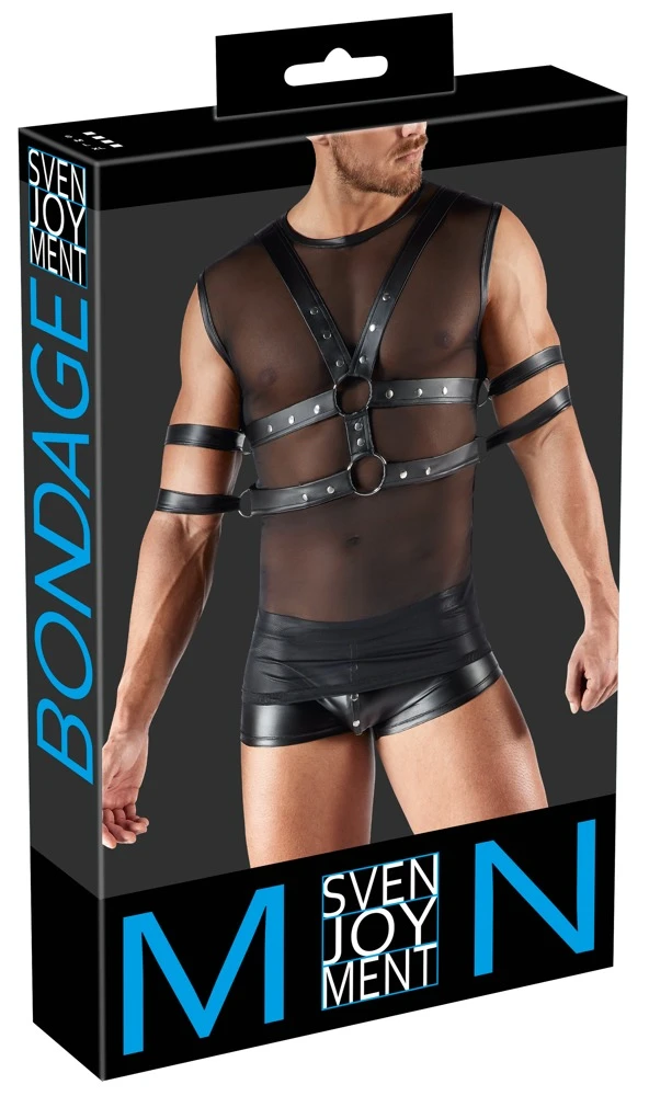 Svenjoyment BONDAGE Set: Ärmeloses Shirt mit transparentem Powernet und verstellbarem Brust-Harness samt sanften Fesseln