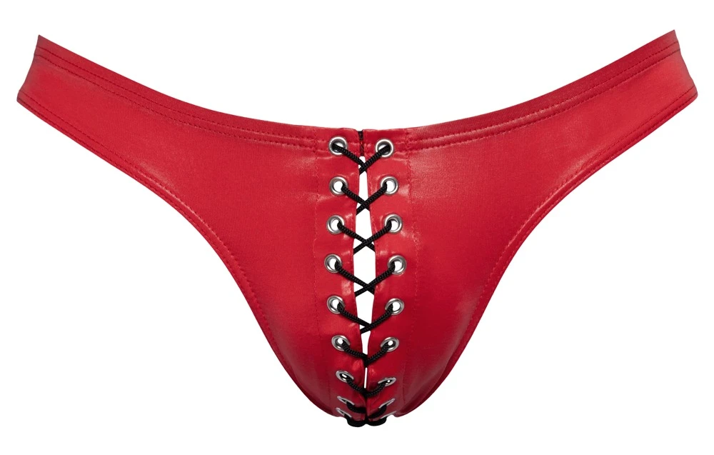 Super-Sitz-Slip von Svenjoyment im knallroten Glanz mit offener dekorativer Schnürung in Schwarz vorne.